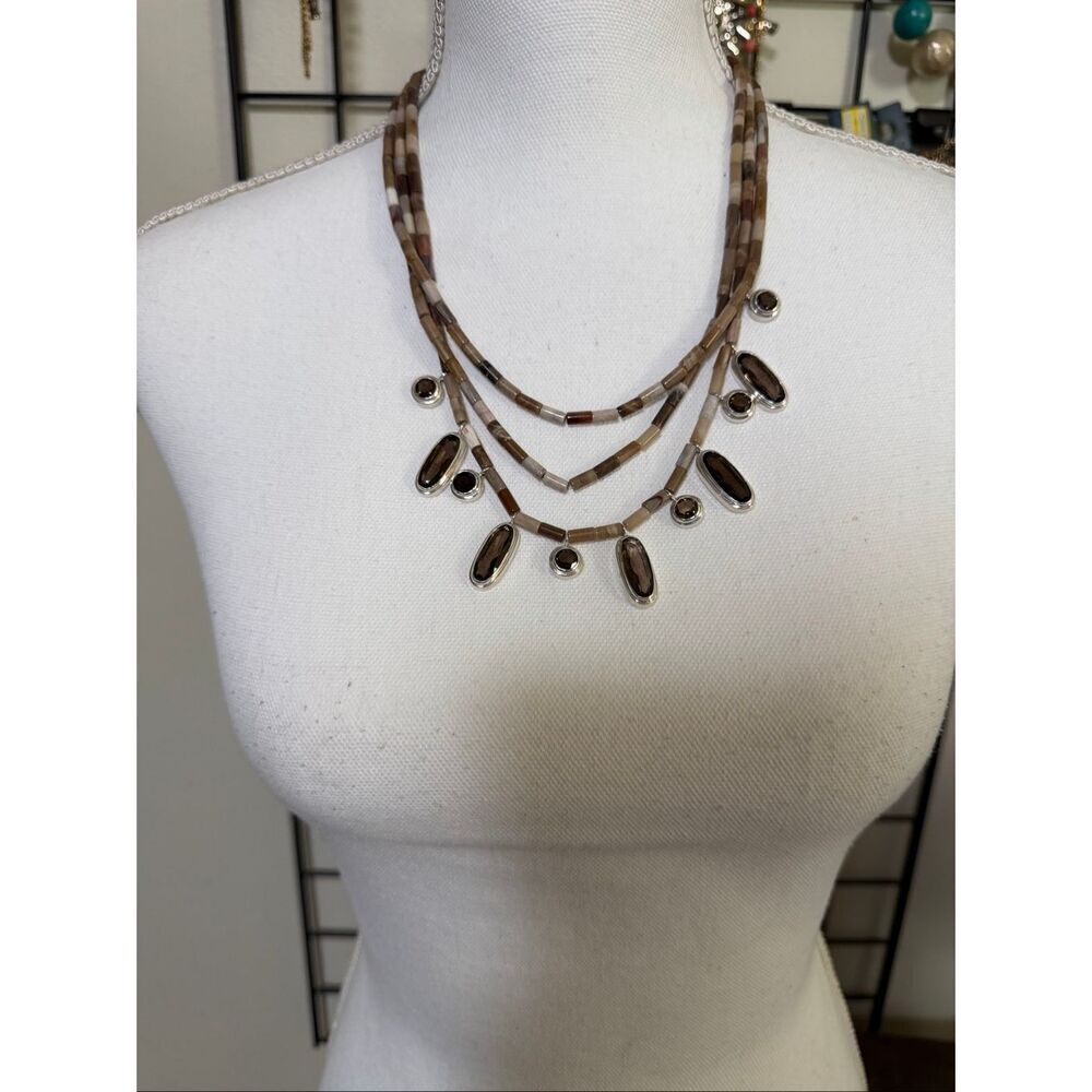 Sterling Silver Multi-Strand Heishi Necklace w/ Smoky Quartz Style Dangles – DR